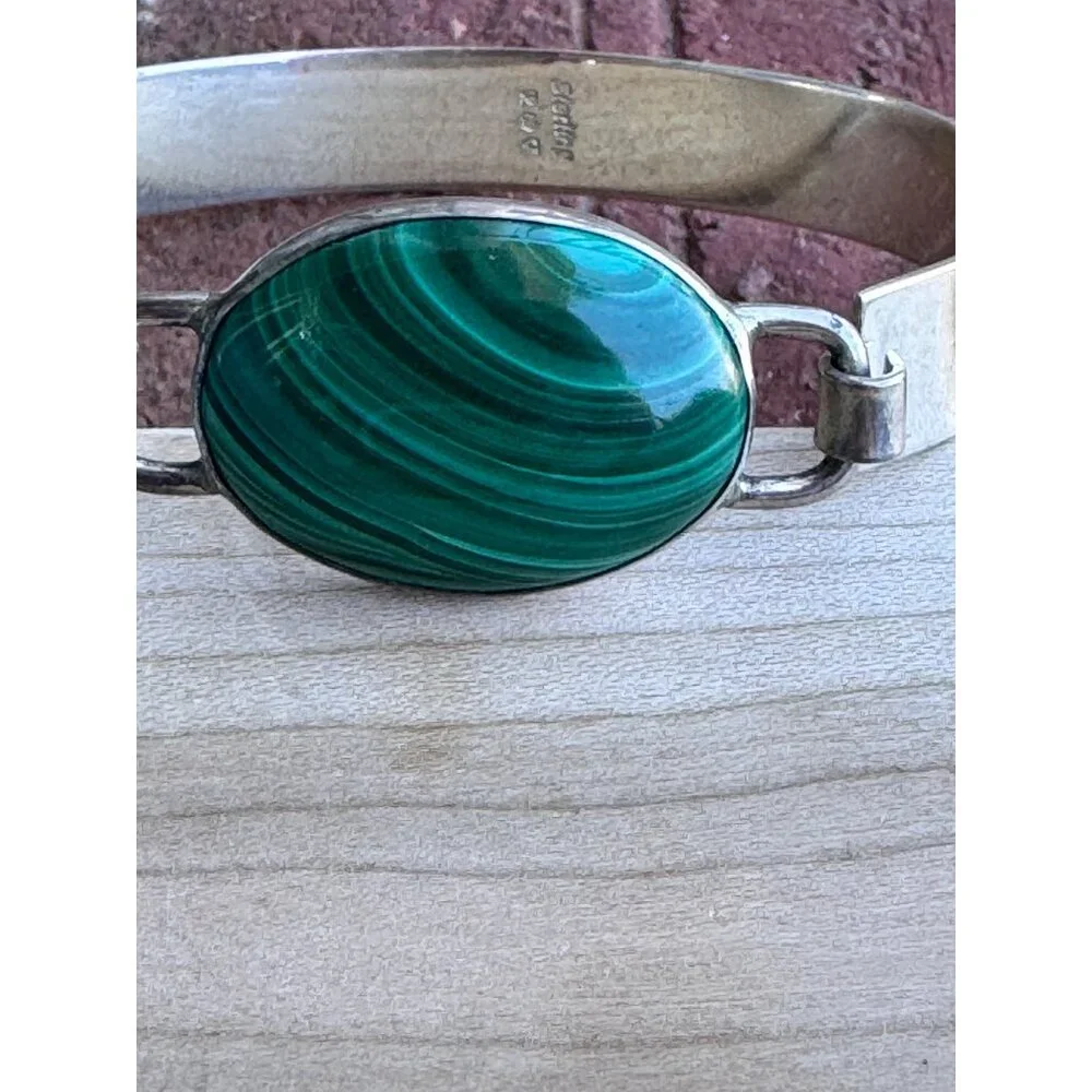 Sterling Silver Malachite Oval Bracelet 925 Vintage - Picture 2 of 7